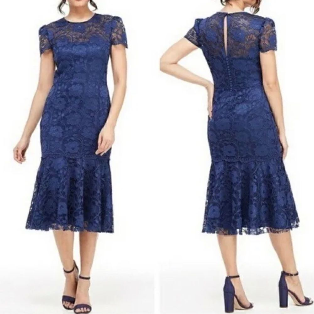 Gal Meets Glam Women’s Blue Lace Short Sleeve Ruffle Hem Eve Dress size 8